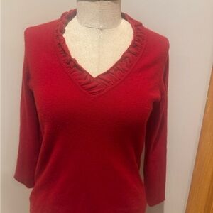 Women's Gorgeous Cashmere  Red Ruffled V-Neck Sweater